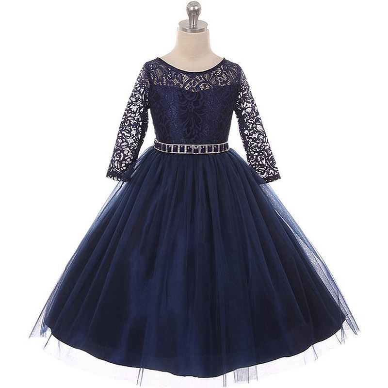 navy blue flower girl dresses Navy Blue Lace Glitter Tulle Beaded Cross Back Flower Girl Dress 8T main image 0
