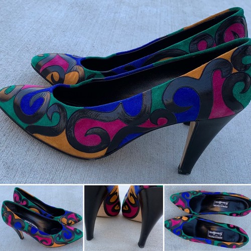 Vintage Andrea Pfister Neiman Marcus Rainbow Color Block Pumps Heels 1980s 6 1/2 - Picture 7 of 12