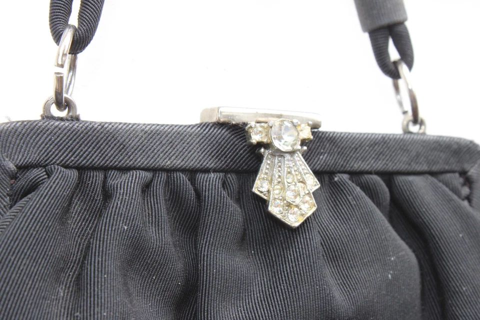 Bolso clutch de noche vintage negro con cierre de detalle de estrás Art Deco Foto 2 de 4