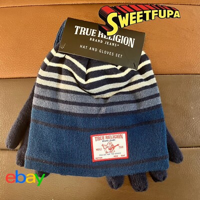True Religion Beanie and Gloves Set Black/Blue Sherpa Lined Cuff Winter Hat  New