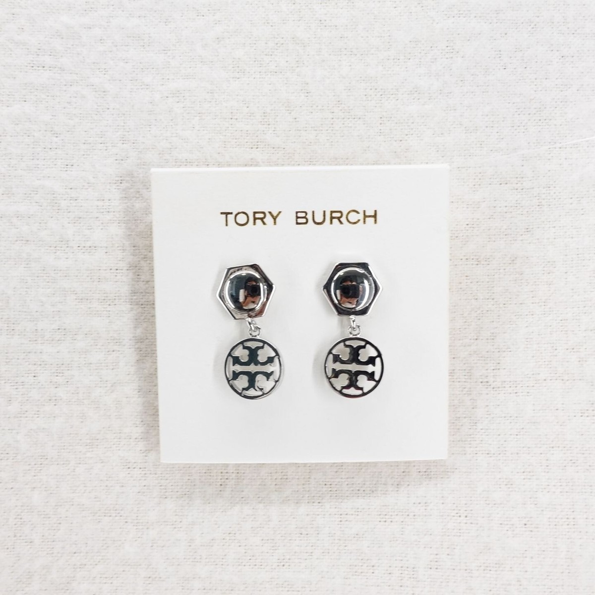 Tory Burch Hexagon Circle Logo Drop Earrings Silver OS | eBay
