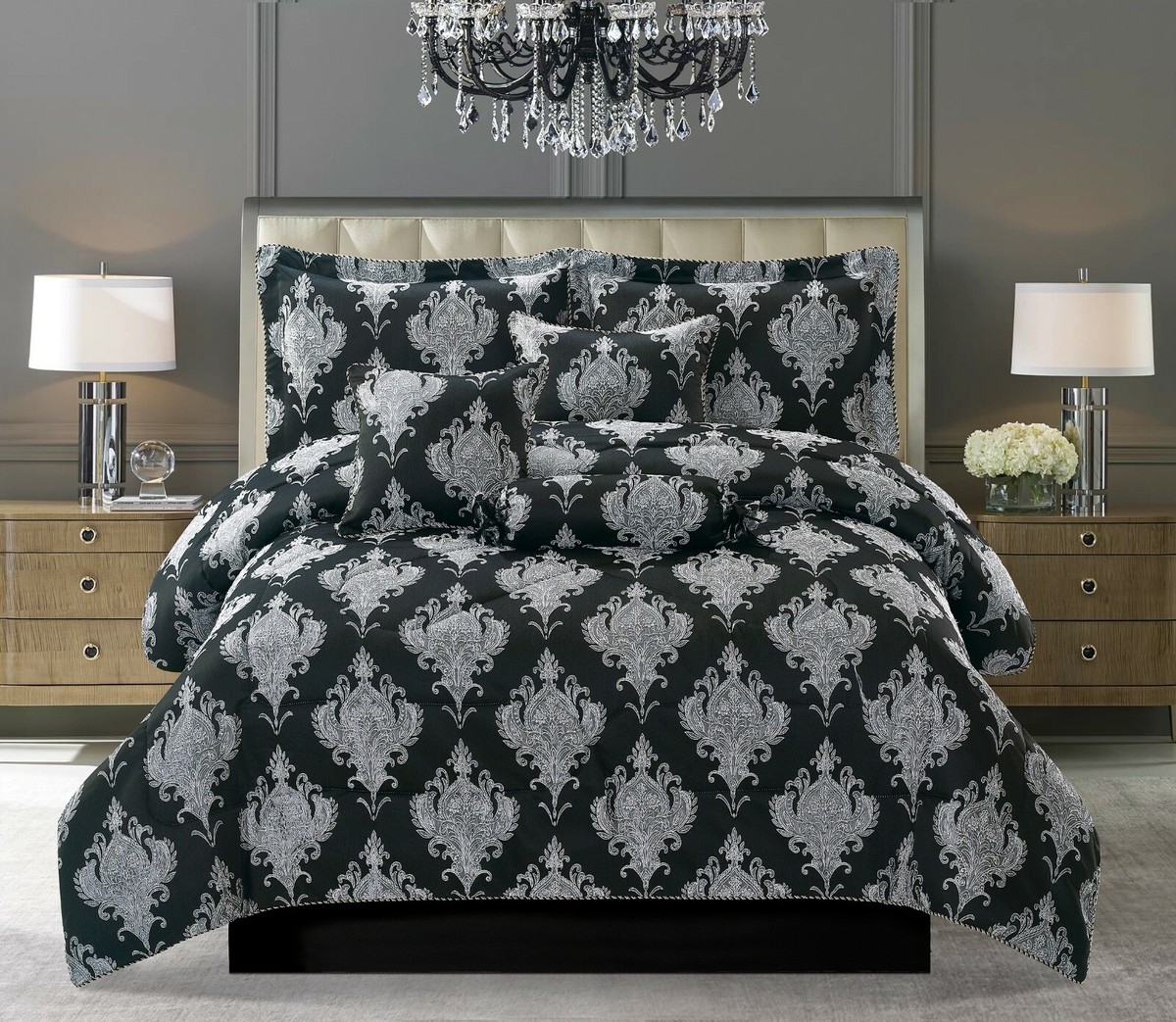 Black Grey PC PC Luxury Quilted Jacquard Comforter Bedspread Throw  Curtains