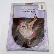 Vintage Fame Sheer Seamless Mesh Nylon Stockings Beige Size 9.5 NOS