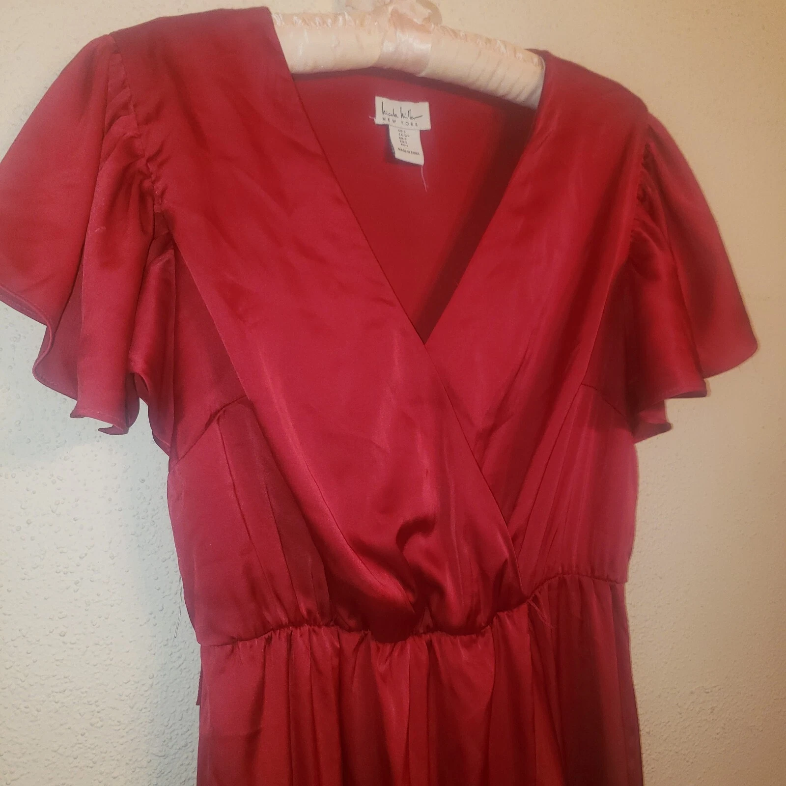 Maxi abito Nicole Miller rosso raso San Valentino manica svolazzante finto avvolgente cintura cravatta S