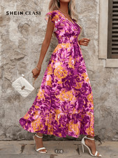 SHEIN Women’s L Classic Surplice V-Neck Maxi Dress in Dopamine Orange/Purple Flo