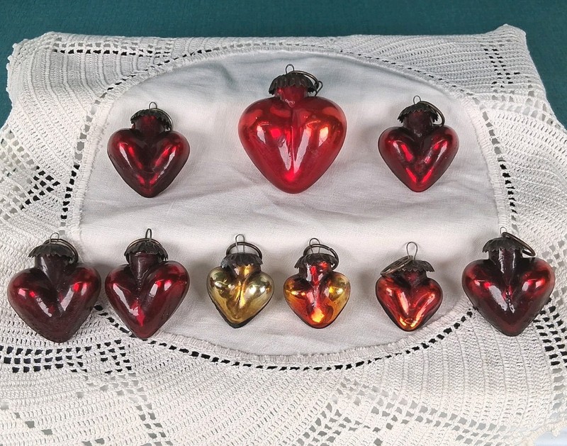 Lot of 9 Vintage Heavy Mercury  Heart Glass Ornaments Kugel Style 1.5", 2" & 3"