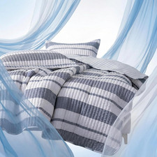 Gray White Striped Quilt Set Queen Size 92X90   Coastal Striped Quilt Set, Light