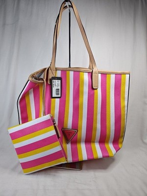 GUESS Wink Pink Yellow Striped Large Tote Bag Purse & Matching Zip Pouch NWT $65