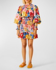 NWT Farm Rio Sunny Daisies Sand Mini Dress Floral Smocked Neck Long Sleeve M