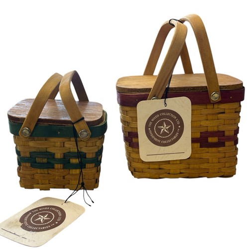 Cestini da picnic Boyds Bear con coperchio e stampa zampa. Cestino rosso e verde più piccolo nuovo con etichetta