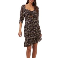 ASTR The Label Black Purple Floral Sweetheart Neckline Ruched Mini Dress Medium