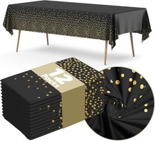 12 Pack Plastic Table Cloth Disposable, 54  x108  Black and Gold Table Cloths for