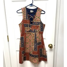 ASOS Sleeveless Fit Flare Dress Nave Gold Red Geometric Boho Women's Size 6