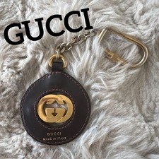 GUCCI Key Ring Keychain Charm Interlocking G Leather Brown Gold Authentic