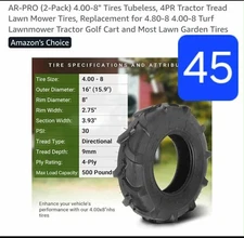 AR-PRO (2-Pack) 4.00-8" Tires Tubeless, 4PR Tractor Tread Lawn Mower Tires,