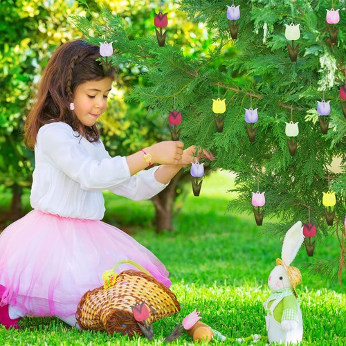 24 Pcs Spring Decorations Easter Ornaments for Tree Wooden Tulips Flower Hang... - Bild 2 von 7