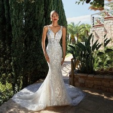 Sexy Mermaid Wedding Dresses Spaghetti Strap Backless Lace Applique Bridal Gowns