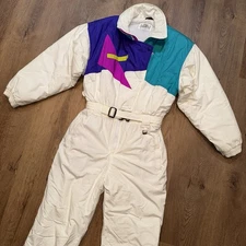 Fera Ski Suit One Piece Snowsuit 1980s Womens White Retro Snow Bib Vtg Apres 12