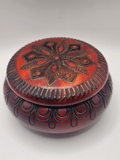 Vintage Hand Carved Wooden Trinket Jewelry Box Floral Mandala with Brass Inlay