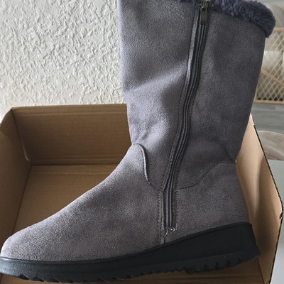 Gray Faux Suede Mid-Calf Snow Boots with Fur Trim, Zipper, Faux Fur Lining, 40