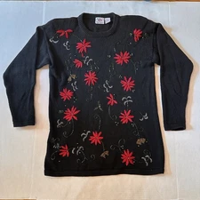 Vintage Nutcracker Christmas Sweater Tunic Beaded Embroidered Poinsettia Size M