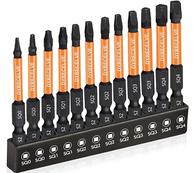 12-Pack Square Drive Bits Premium S2 Alloy Steel Square Bit Set Magnetic Heads