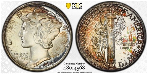 1945 MS67 PCGS Toned Mercury Dime TrueView Goldshield PQ Fresh - Picture 3 of 5