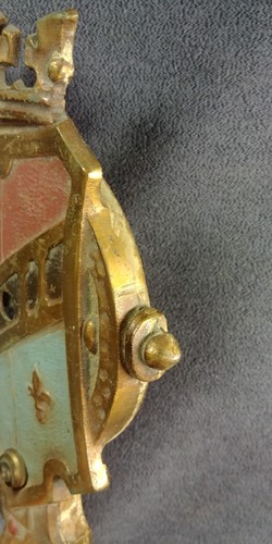 Applique da parete Lincoln scudo corona re tutto ottone anni 20 luce Fleur de Lis antica - Foto 8 di 19
