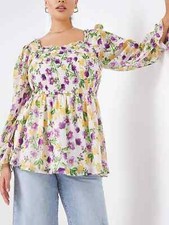 SIMPLY BE LADIES SHIRRED FRILL SQUARE NECK IVORY FLORAL TOP NEW (ref 447) SALE