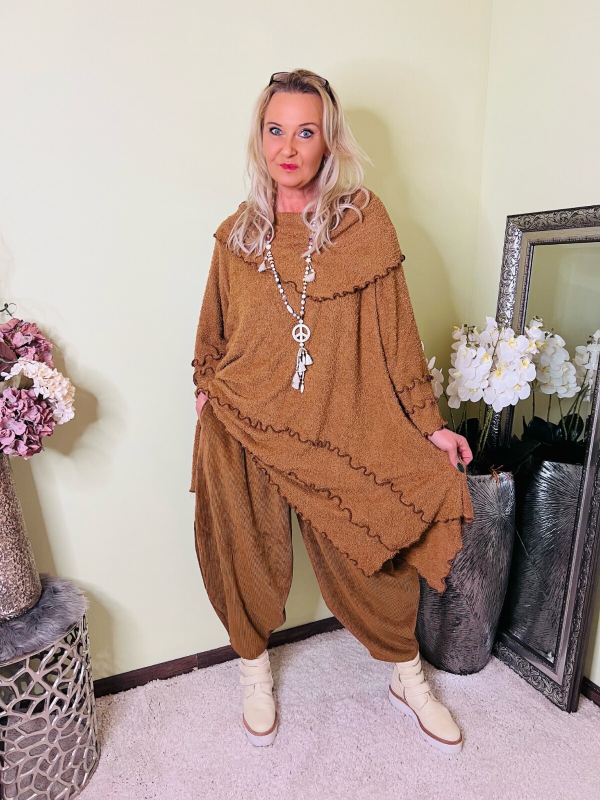 Lagenlook A-Ligne Oversize Zipfel Tunika Avec Dentelle ROUGE XL, XXL