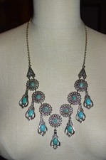 Faux Turquoise Enamel Southwestern Flower Long Dangle Silver Tone Necklace