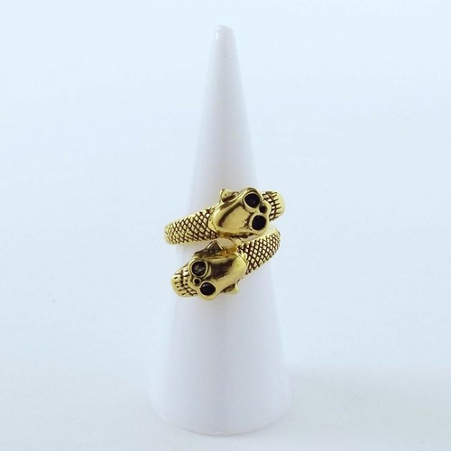 Skull Ring Golden Dual Skulls Adjustable Adjusts Sz 7 - Sz 13 Unisex Jewelry - Picture 4 of 4