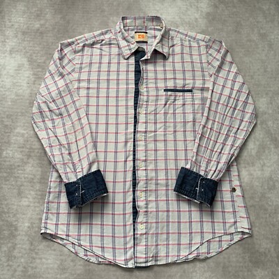 Hugo Boss Orange Label Button Down Shirt Size L Pocket Dress Plaid Pattern Blue