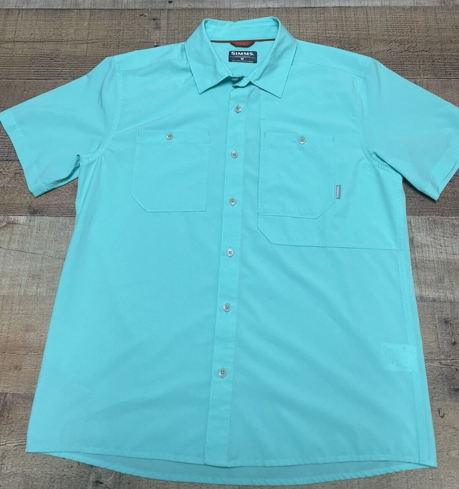 Simms Superlight Shirt Size M Med teal Button Up Fishing Vented UPF Pocket - Image 2 of 4