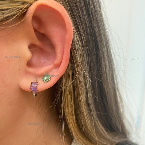 Trio Baguette Natural Amethyst & Real Diamond Hoops Earrings 14k Solid Gold - Picture 6 of 9