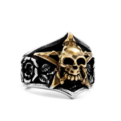 Gold Star Skull Rose Skull Ring Stainless Steel Gothic Men's Ring Biker Siz  7-13