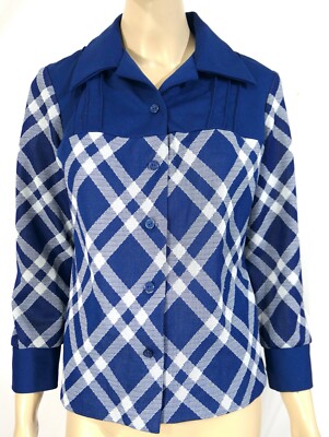 Vintage 70s Mod Dog Ear Blue Plaid Blouse Top by Richard Harwood Dallas S M S/M