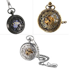 Vintage Men Women Steampunk Skeleton Mechanical Pocket Watch Necklace Chain Gift