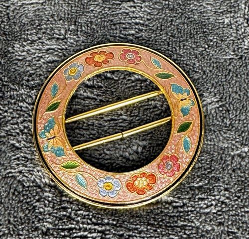 Cloisonné, Gold Tone & Enamel Vntg Buckle Belt Scarf Round Butterfly & Flower - Picture 3 of 10