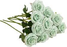 Artificial Rose 10Pcs Open Flower Bouquet Sage Green Faux Rose Stems for Wedding