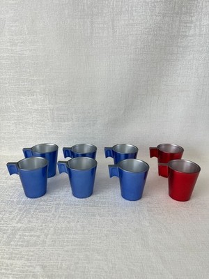 Lot of 8 Luminarc Flashy Expresso Cup Metallic Blue & Red Glass Demitasse Cups