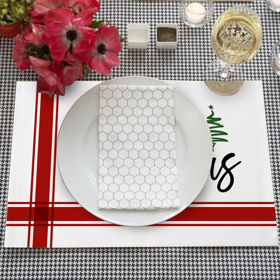 Christmas Red Stripe Placemats Set of 4 Xmas Tree Place Mats for Dining Table... - Image 4 of 4