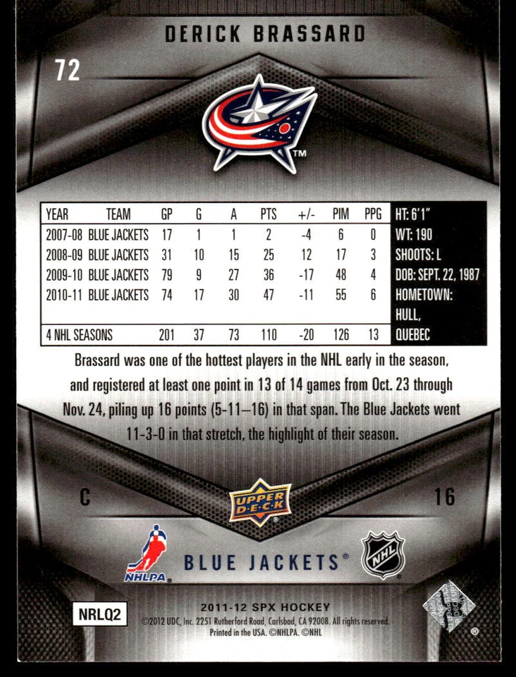 2011-12 SPx #72 Derick Brassard Columbus Blue Jackets Hockey Card - Image 2 of 2