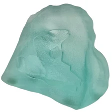 Vintage Siku Green Glass Stone Paperweight Etched Leaping Salmon Canada 4.5”