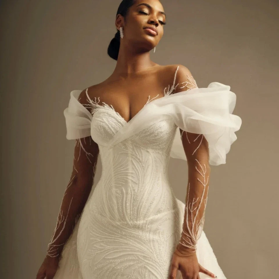 Luxury Mermaid Wedding Dresses Long Sleeves Detachable Train Feather Bridal Gown - Image 3 of 4