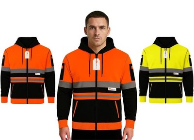 Hi Vis Kapuzenpullover mit Reißverschluss Klasse 3 schwarz Kontrast reflektierend Fleece Sicherheit Arbeitskleidung UK