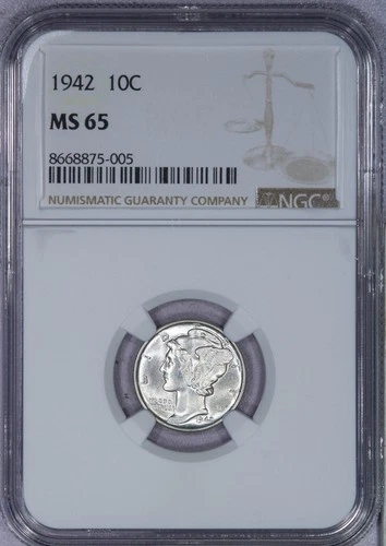 1942 Mercury Dime 10c NGC MS65