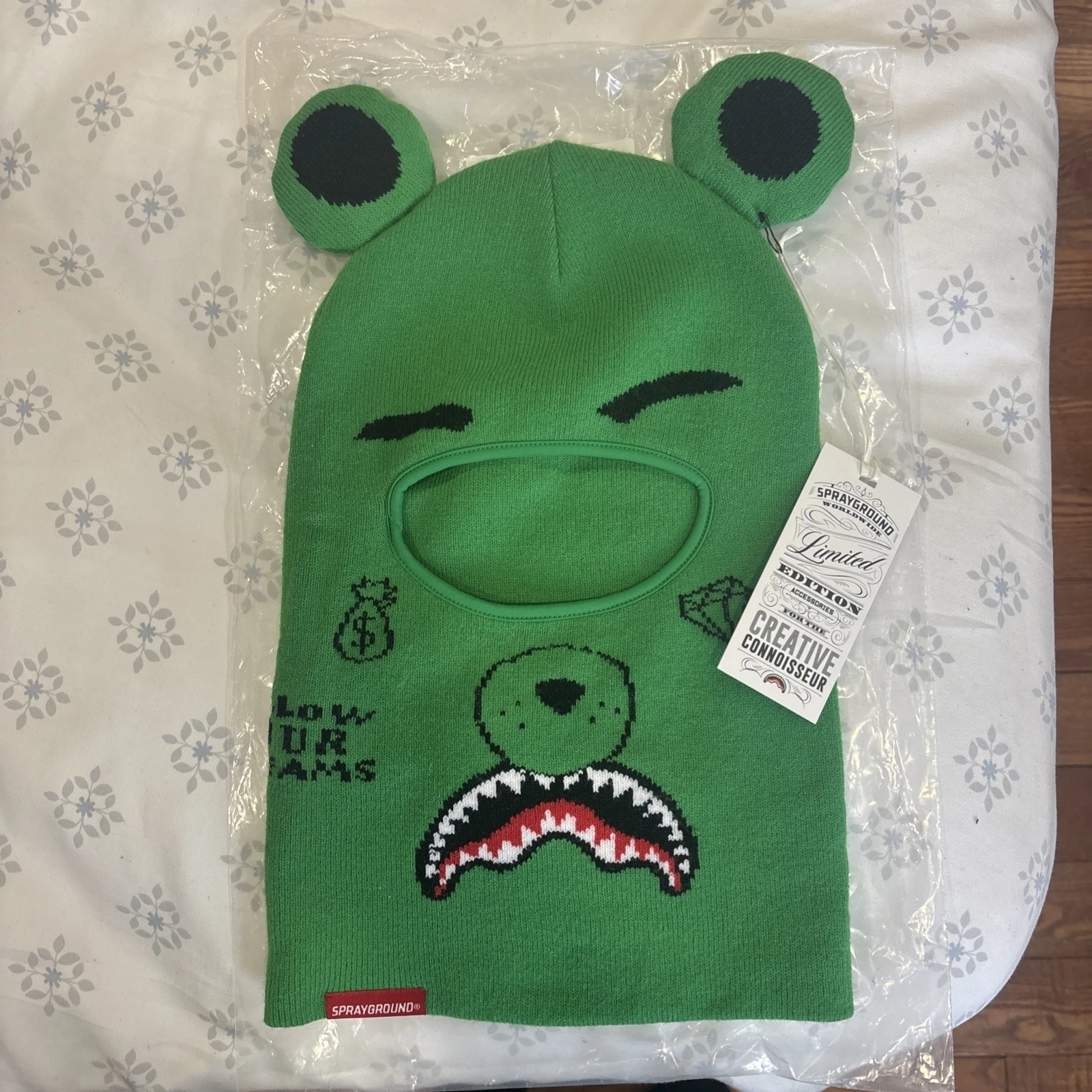 SPRAYGROUND THE REAL MONEY BEAR GREEN Ski Face Mask Beanie Real Authentic