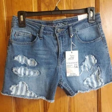 Vigoss Super Stretch Denim Girls Shorts Size 14 Distressed Patch High Rise New