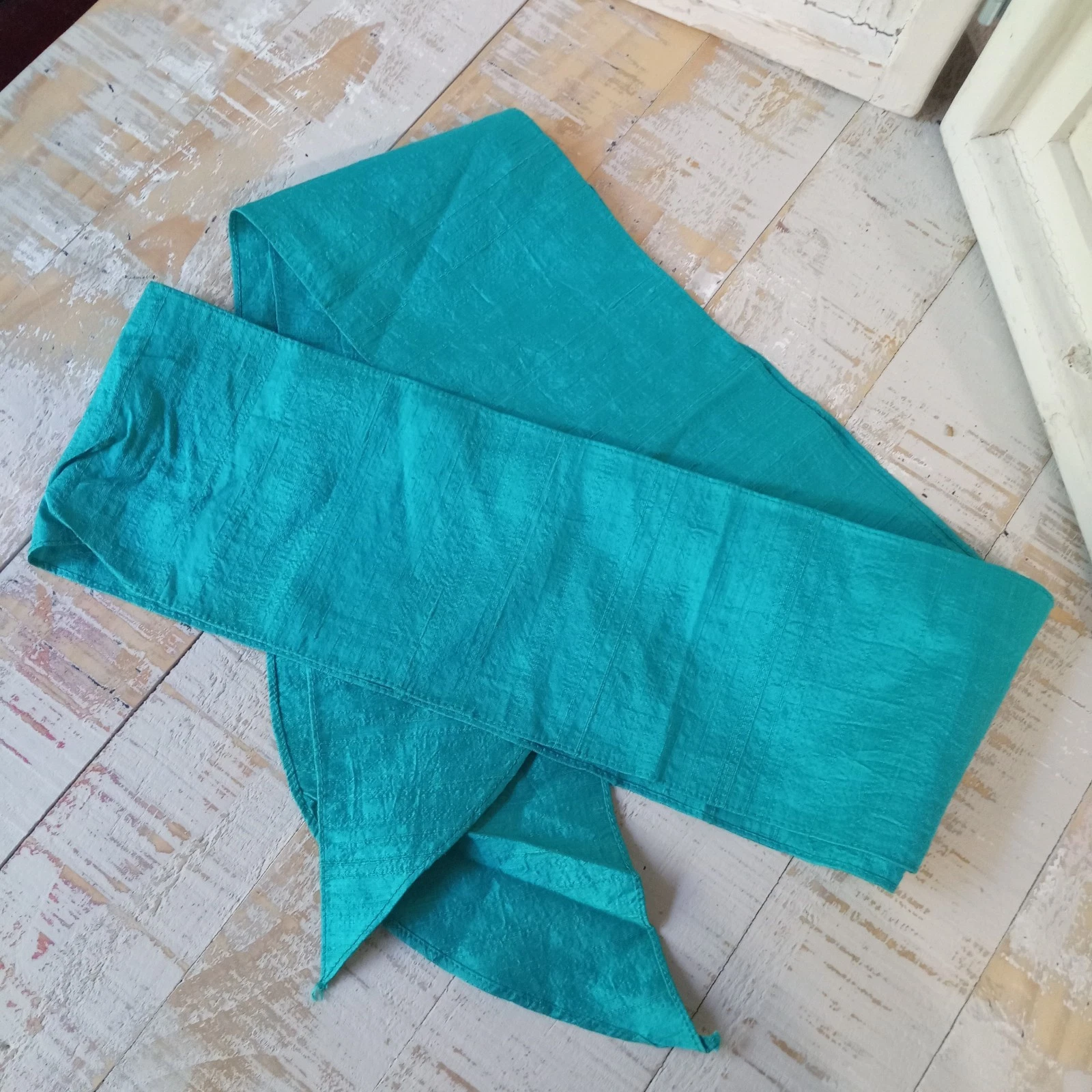 100% Raw Silk Slubbed Texture Scarf Turquoise Teal Long Skinny Tapered Ends 87"